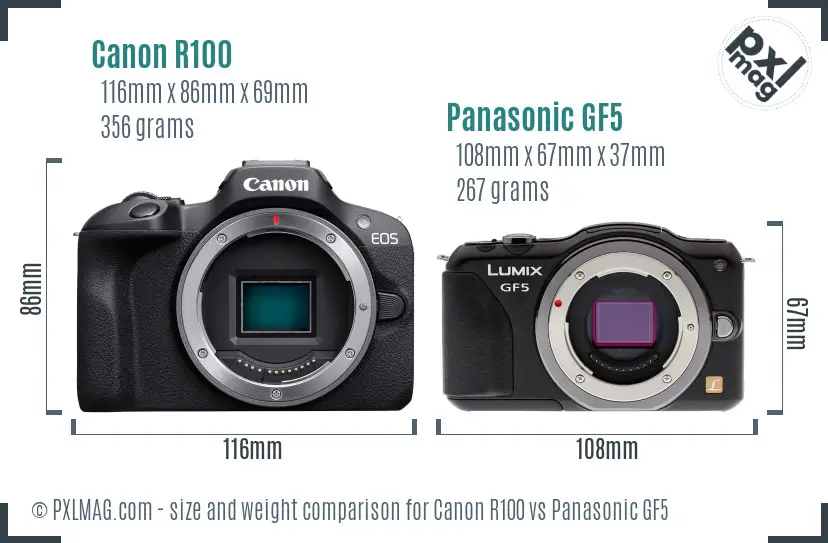 Canon R100 vs Panasonic GF5 size comparison