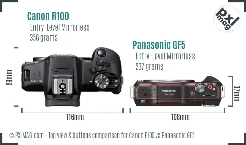 Canon R100 vs Panasonic GF5 top view buttons comparison