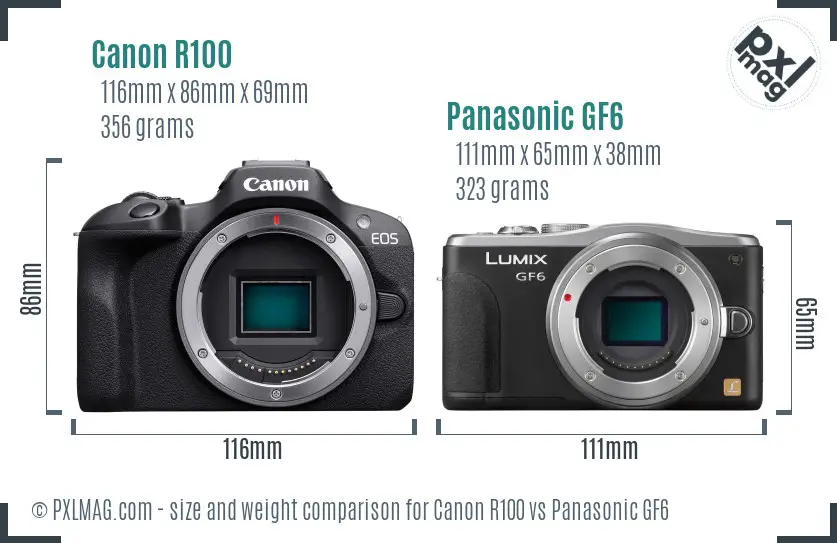 Canon R100 vs Panasonic GF6 size comparison Canon R100 vs Panasonic GF6 size comparison
