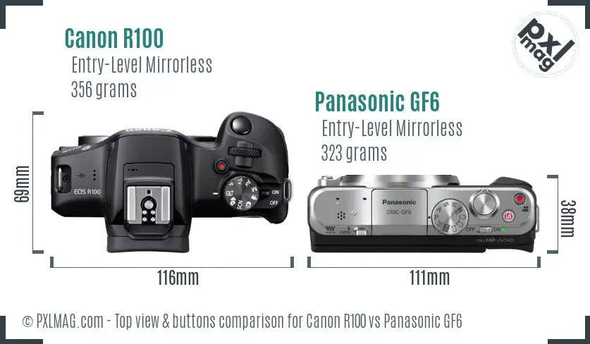 Canon R100 vs Panasonic GF6 top view buttons comparison Canon R100 vs Panasonic GF6 top view buttons comparison
