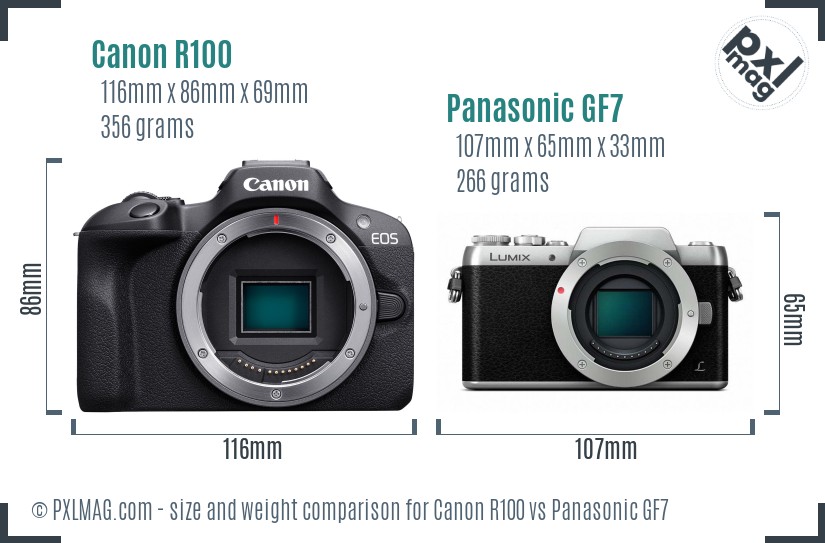 Canon R100 vs Panasonic GF7 size comparison