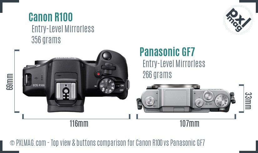 Canon R100 vs Panasonic GF7 top view buttons comparison