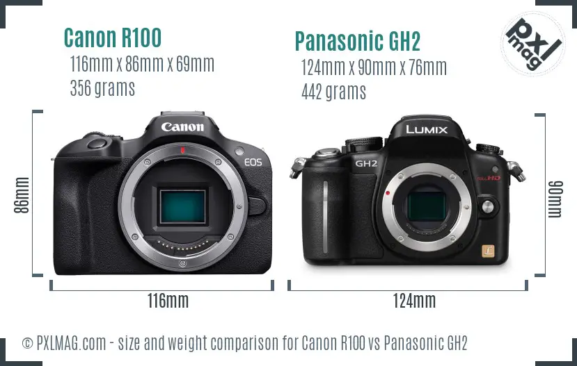 Canon R100 vs Panasonic GH2 size comparison Canon R100 vs Panasonic GH2 size comparison
