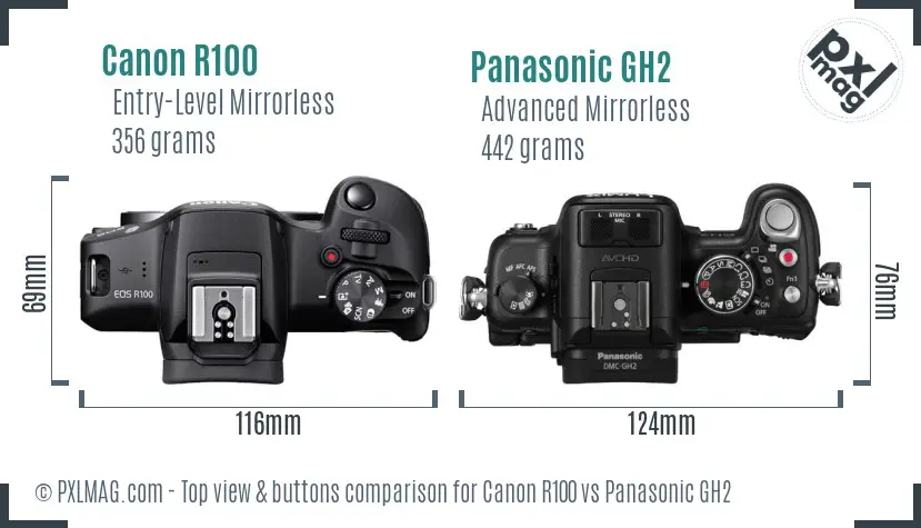 Canon R100 vs Panasonic GH2 top view buttons comparison Canon R100 vs Panasonic GH2 top view buttons comparison
