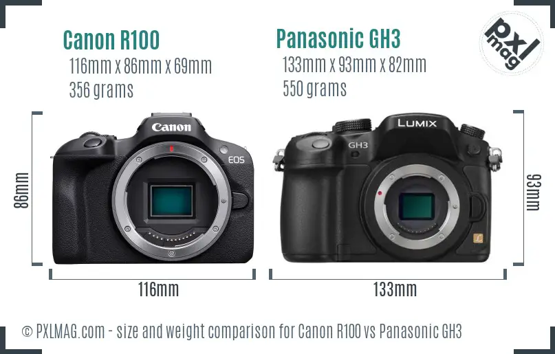 Canon R100 vs Panasonic GH3 size comparison