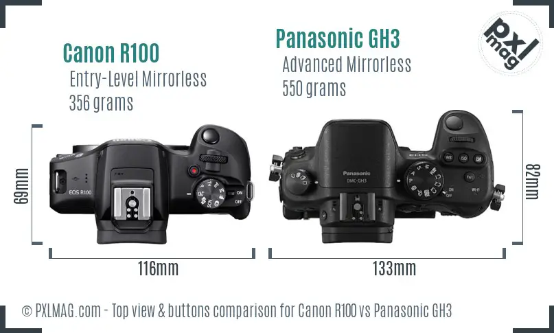 Canon R100 vs Panasonic GH3 top view buttons comparison