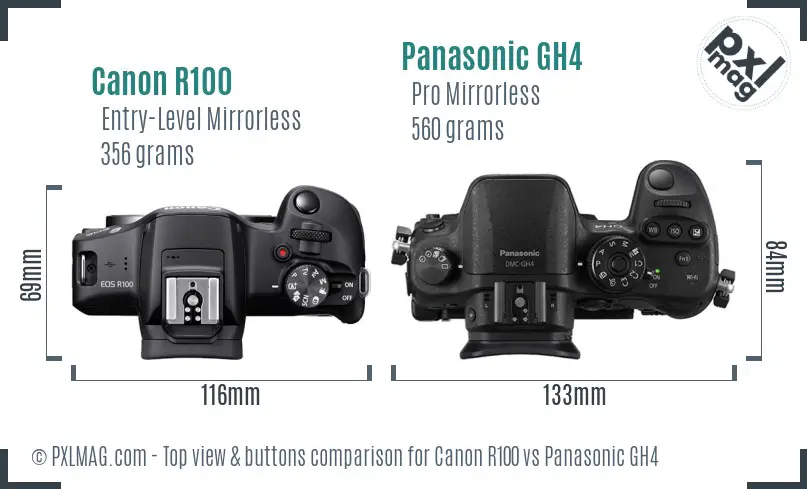 Canon R100 vs Panasonic GH4 top view buttons comparison
