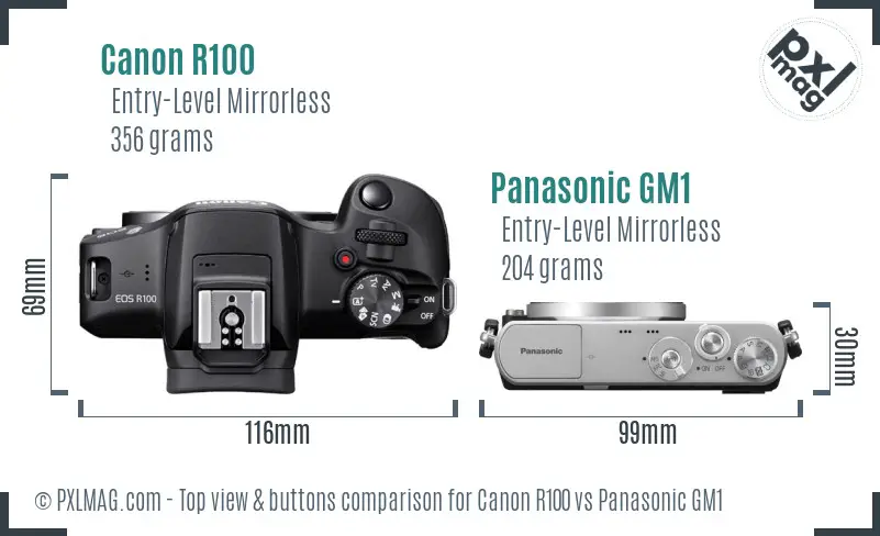 Canon R100 vs Panasonic GM1 top view buttons comparison Canon R100 vs Panasonic GM1 top view buttons comparison