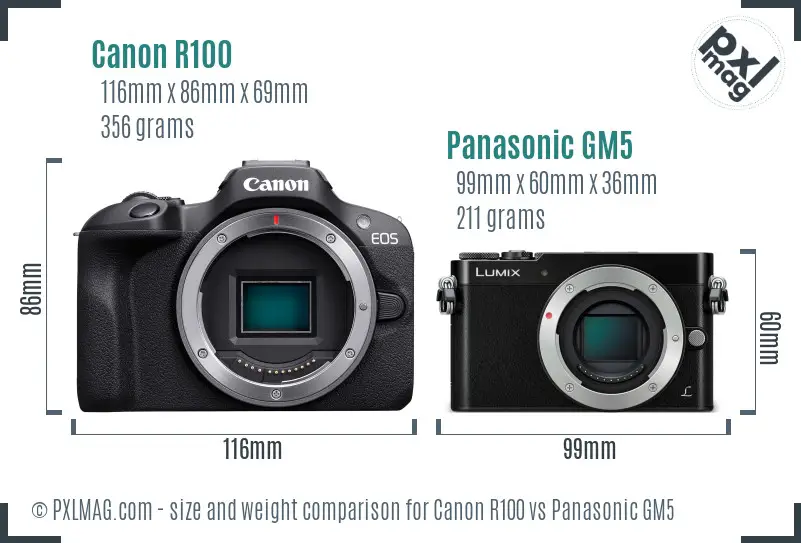 Canon R100 vs Panasonic GM5 size comparison