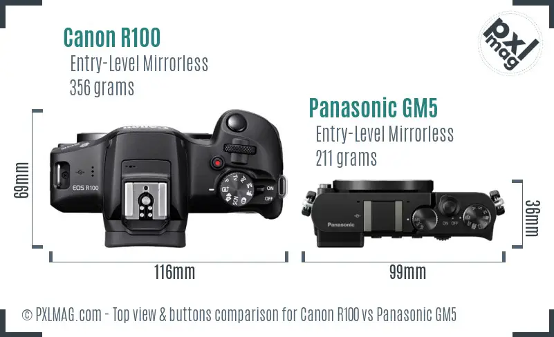 Canon R100 vs Panasonic GM5 top view buttons comparison