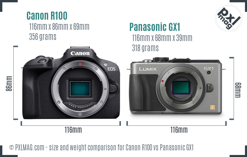 Canon R100 vs Panasonic GX1 size comparison Canon R100 vs Panasonic GX1 size comparison