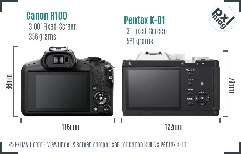 Canon R100 vs Pentax K-01 Screen and Viewfinder comparison