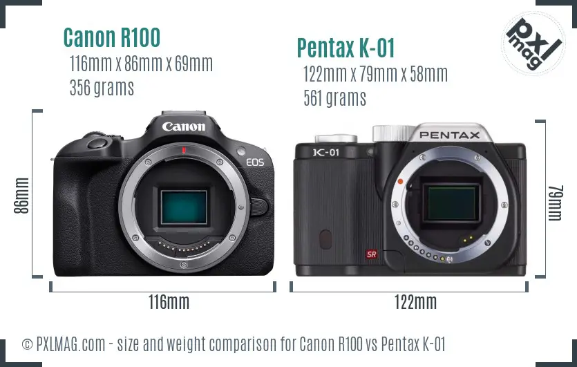 Canon R100 vs Pentax K-01 size comparison