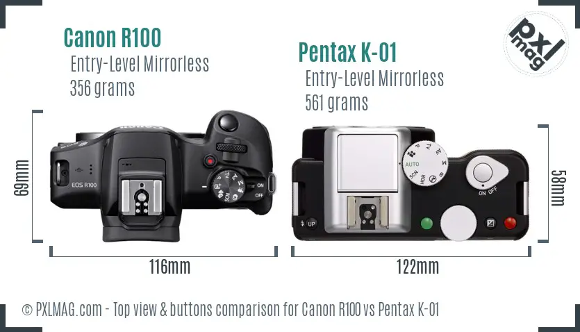 Canon R100 vs Pentax K-01 top view buttons comparison