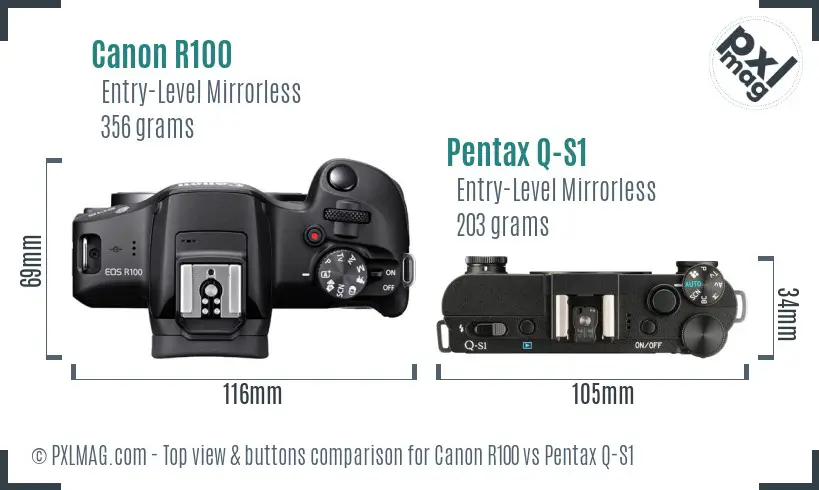 Canon R100 vs Pentax Q-S1 top view buttons comparison Canon R100 vs Pentax Q-S1 top view buttons comparison