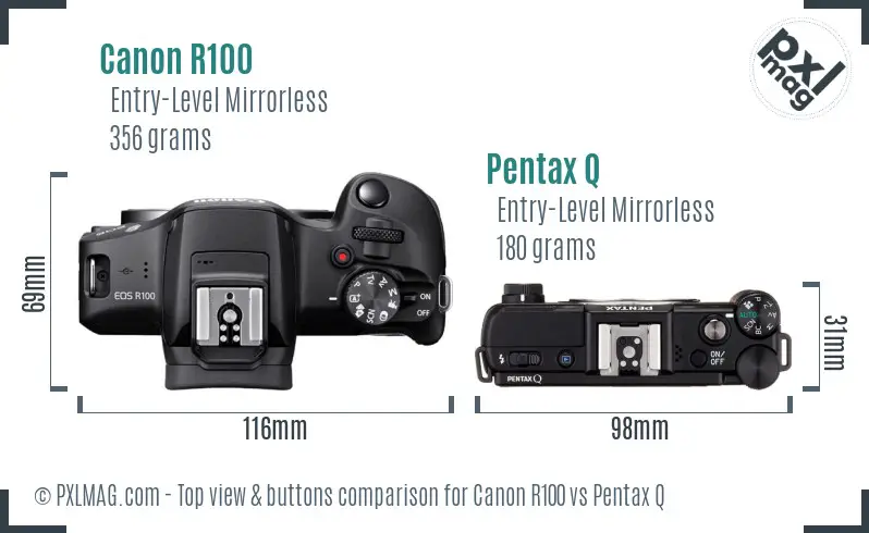 Canon R100 vs Pentax Q top view buttons comparison