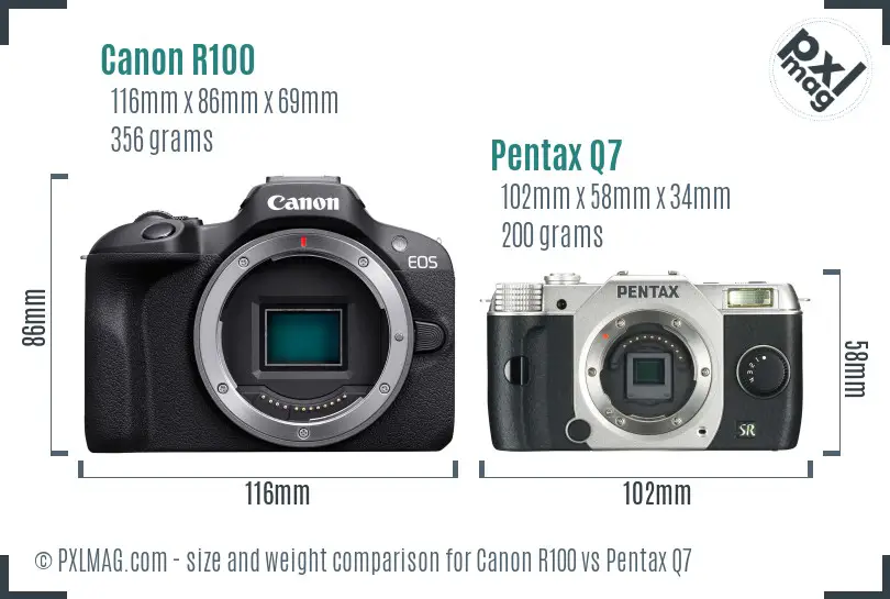 Canon R100 vs Pentax Q7 size comparison