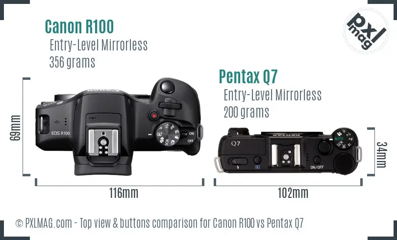 Canon R100 vs Pentax Q7 top view buttons comparison