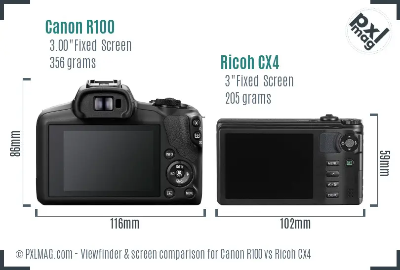 Canon R100 vs Ricoh CX4 Screen and Viewfinder comparison Canon R100 vs Ricoh CX4 Screen and Viewfinder comparison