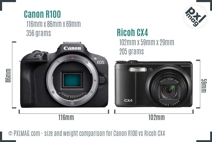 Canon R100 vs Ricoh CX4 size comparison Canon R100 vs Ricoh CX4 size comparison