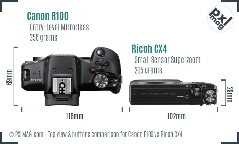 Canon R100 vs Ricoh CX4 top view buttons comparison Canon R100 vs Ricoh CX4 top view buttons comparison