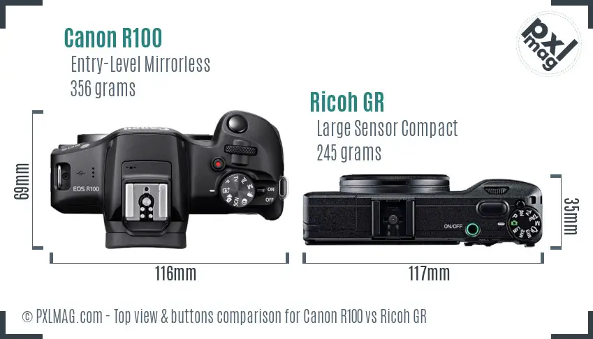 Canon R100 vs Ricoh GR top view buttons comparison Canon R100 vs Ricoh GR top view buttons comparison