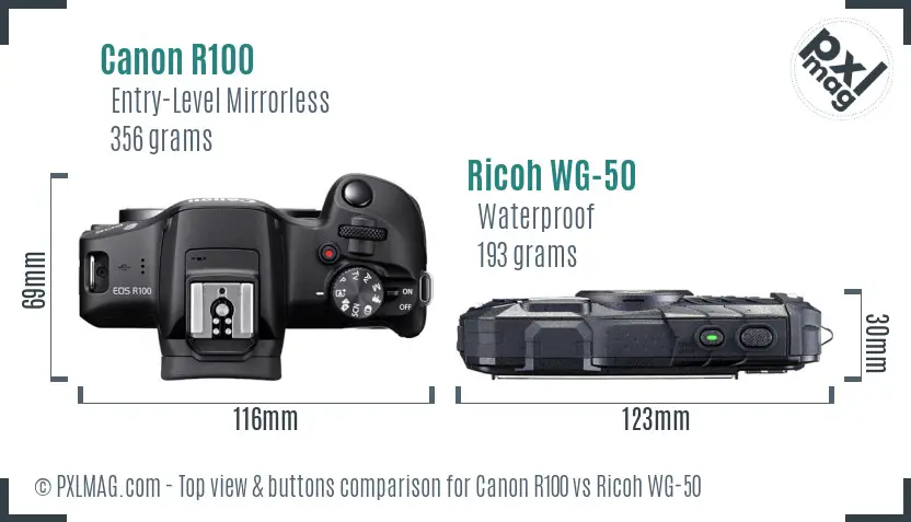 Canon R100 vs Ricoh WG-50 top view buttons comparison Canon R100 vs Ricoh WG-50 top view buttons comparison