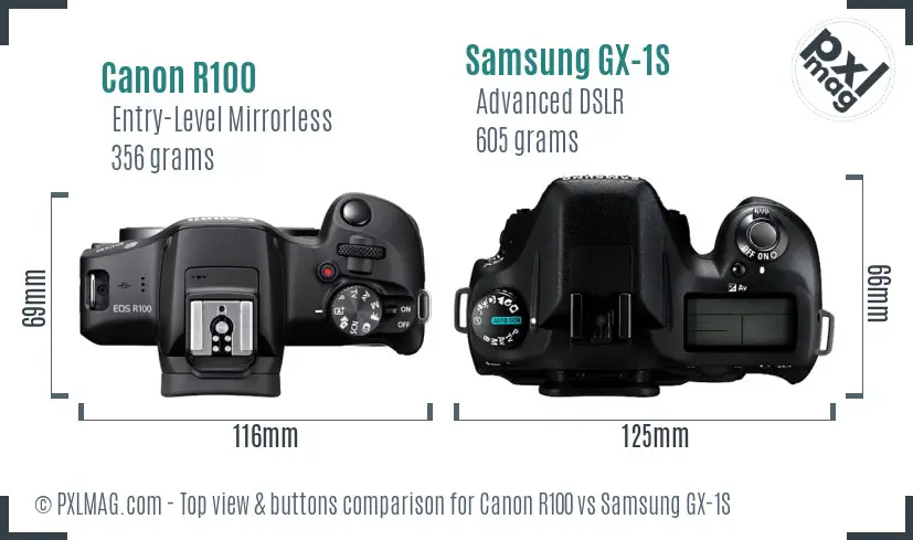 Canon R100 vs Samsung GX-1S top view buttons comparison Canon R100 vs Samsung GX-1S top view buttons comparison