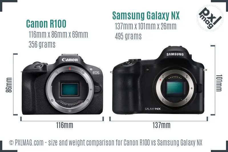 Canon R100 vs Samsung Galaxy NX size comparison