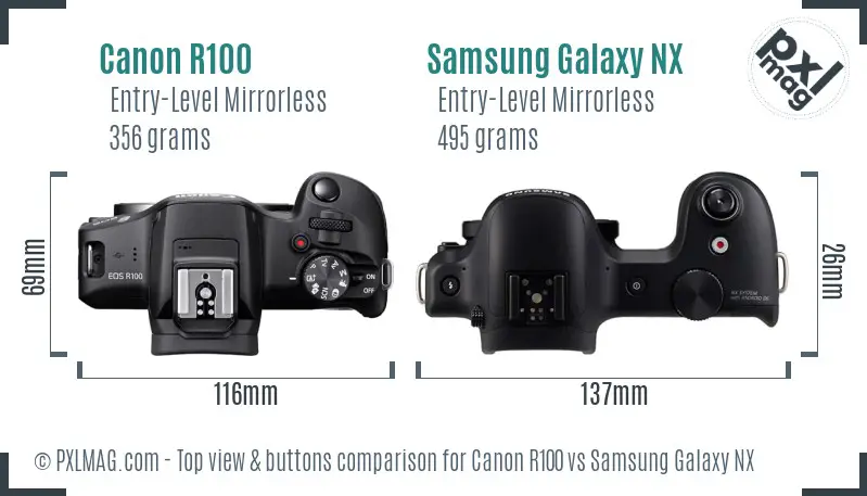 Canon R100 vs Samsung Galaxy NX top view buttons comparison