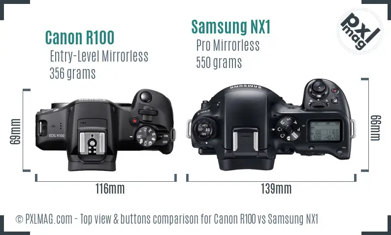 Canon R100 vs Samsung NX1 top view buttons comparison