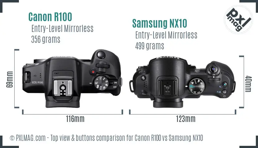 Canon R100 vs Samsung NX10 top view buttons comparison Canon R100 vs Samsung NX10 top view buttons comparison