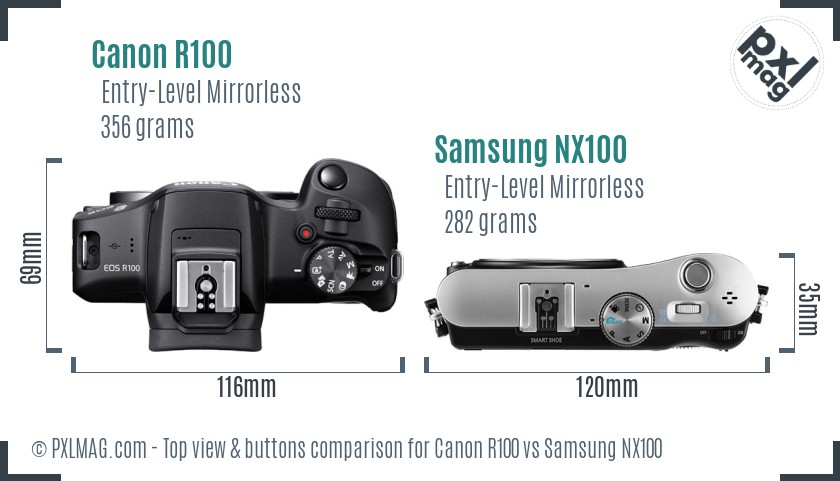 Canon R100 vs Samsung NX100 top view buttons comparison