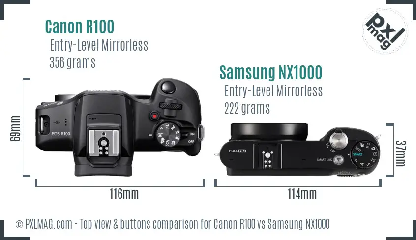 Canon R100 vs Samsung NX1000 top view buttons comparison