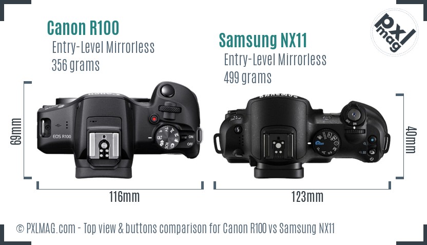 Canon R100 vs Samsung NX11 top view buttons comparison
