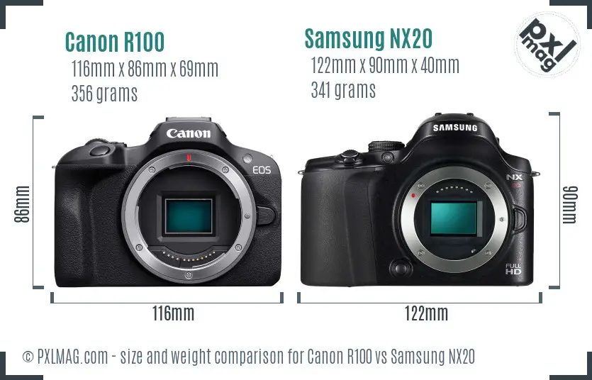 Canon R100 vs Samsung NX20 size comparison