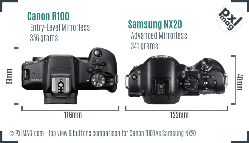 Canon R100 vs Samsung NX20 top view buttons comparison