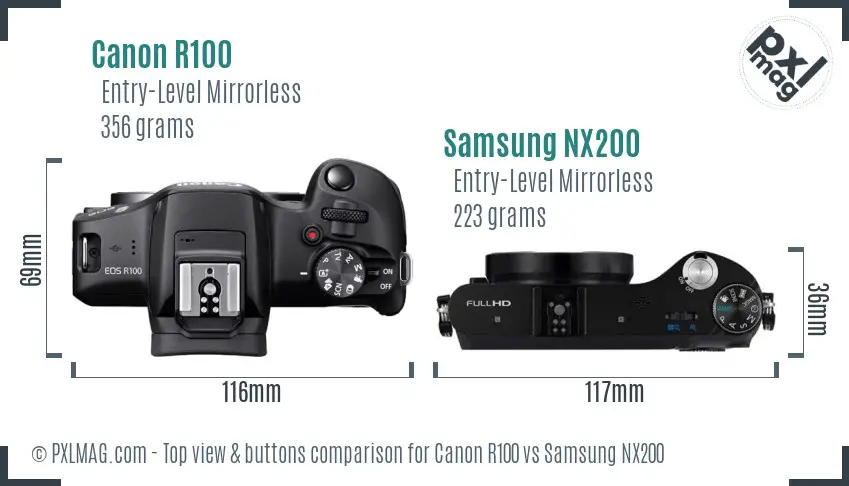 Canon R100 vs Samsung NX200 top view buttons comparison Canon R100 vs Samsung NX200 top view buttons comparison