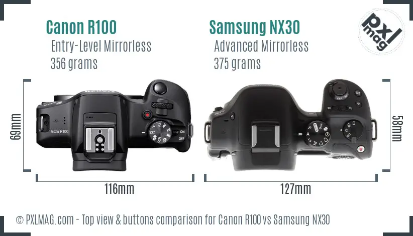 Canon R100 vs Samsung NX30 top view buttons comparison Canon R100 vs Samsung NX30 top view buttons comparison