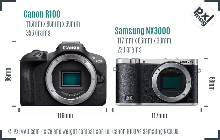 Canon R100 vs Samsung NX3000 size comparison