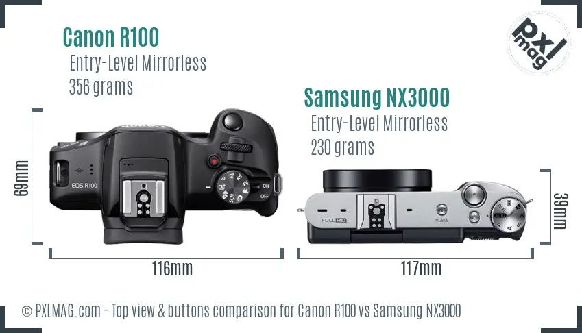 Canon R100 vs Samsung NX3000 top view buttons comparison