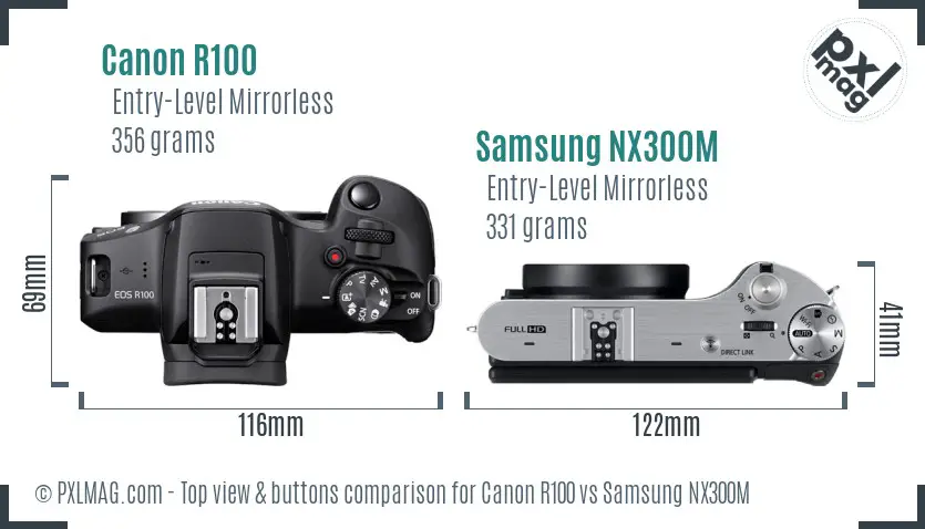 Canon R100 vs Samsung NX300M top view buttons comparison