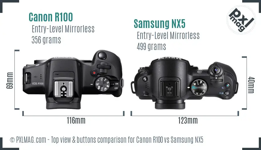 Canon R100 vs Samsung NX5 top view buttons comparison Canon R100 vs Samsung NX5 top view buttons comparison