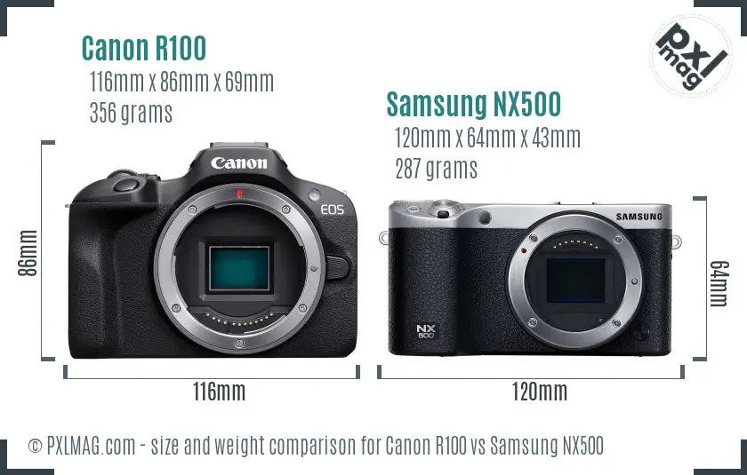 Canon R100 vs Samsung NX500 size comparison