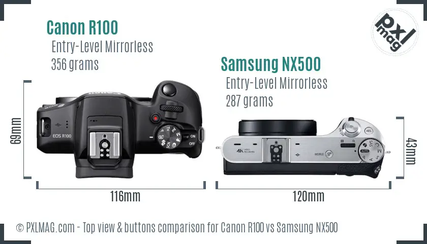 Canon R100 vs Samsung NX500 top view buttons comparison
