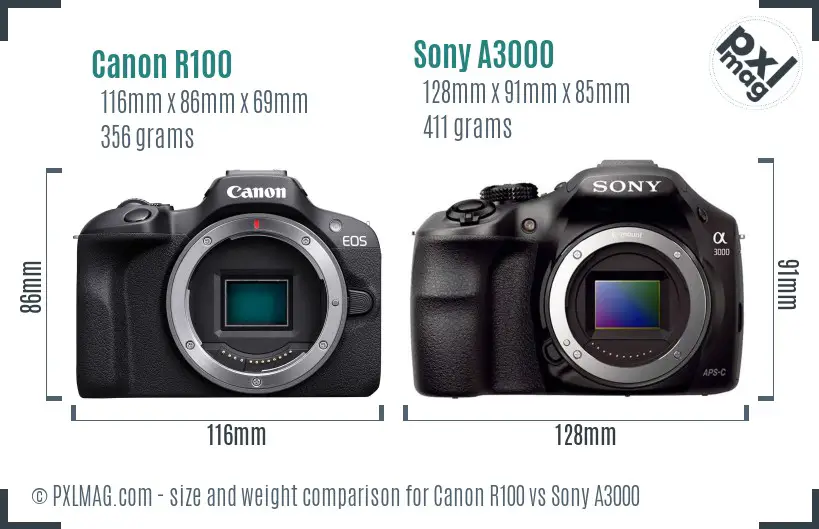Canon R100 vs Sony A3000 size comparison Canon R100 vs Sony A3000 size comparison