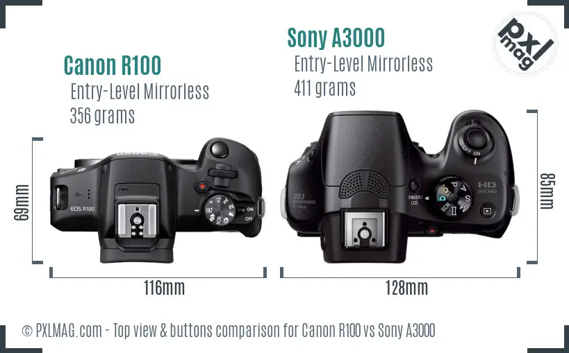 Canon R100 vs Sony A3000 top view buttons comparison Canon R100 vs Sony A3000 top view buttons comparison