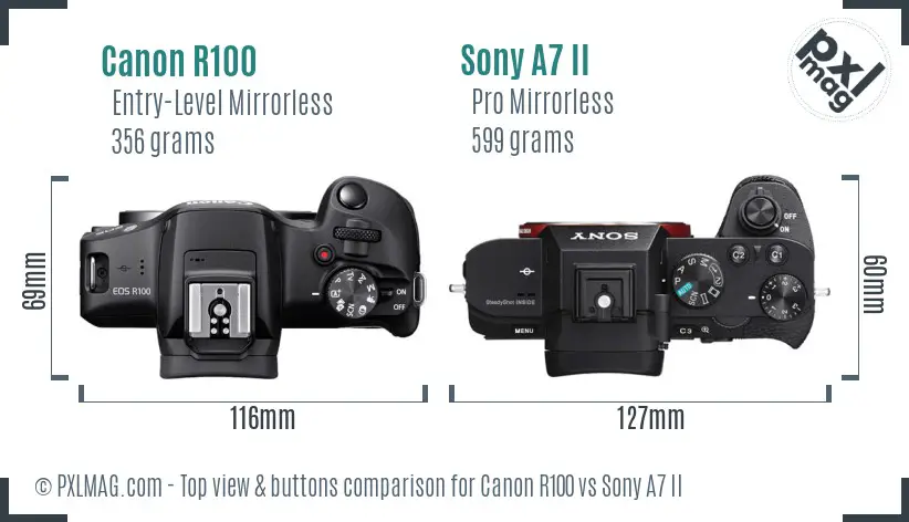 Canon R100 vs Sony A7 II top view buttons comparison