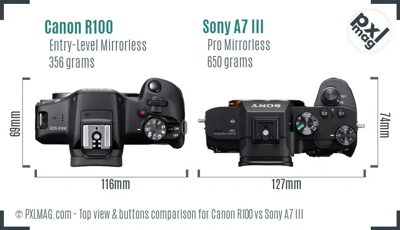 Canon R100 vs Sony A7 III top view buttons comparison