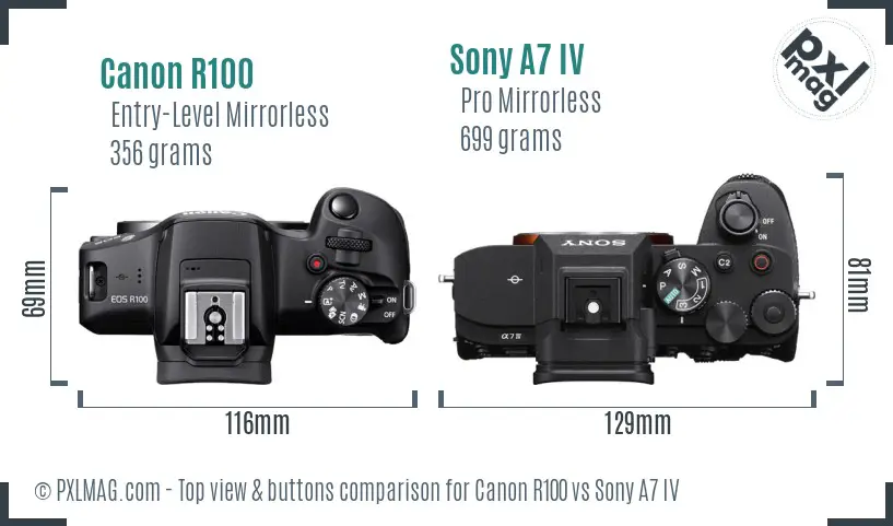 Canon R100 vs Sony A7 IV top view buttons comparison